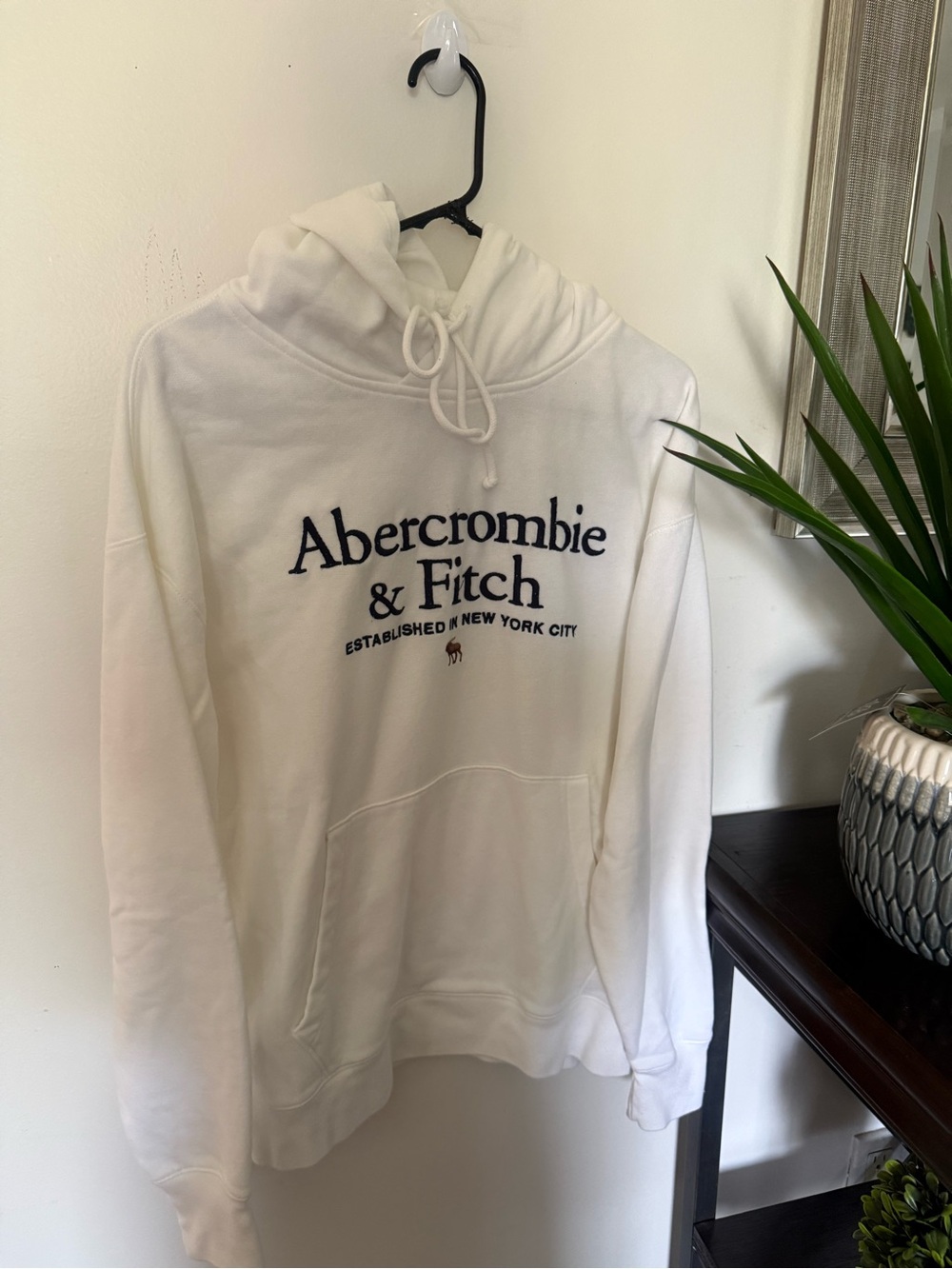 Abercrombie & Fitch White Hooded Sweatshirt with Navy Logo